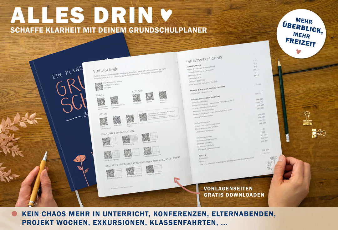Lehrerkalender 2025 2026 | A4 Grundschulplaner Softcover für Schuljahr Planung | 1 Doppelseite pro Woche | klimaneutral, blau rosa