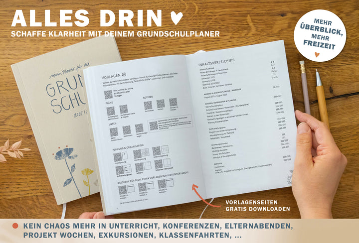 Lehrerkalender 2025 2026 | A5 Grundschulplaner Softcover für Schuljahr Planung | 1 Doppelseite pro Woche | klimaneutral, creme blau