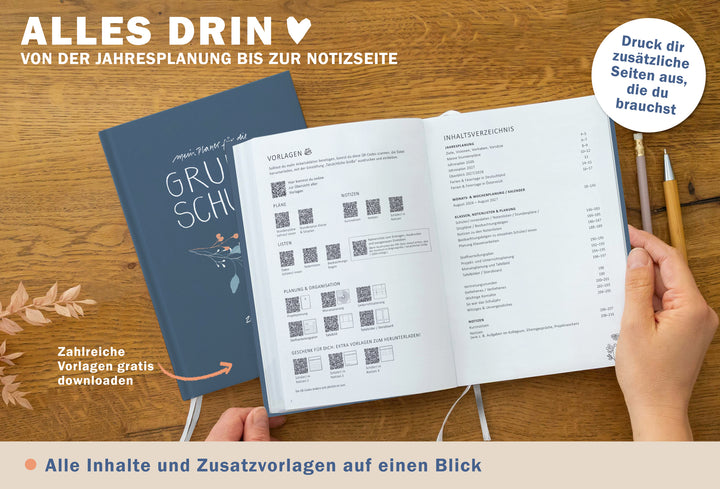 A5 Grundschulplaner mit Inhaltsverzeichnis und QR-Download-Vorlagen für Listen, Planung und Organisation