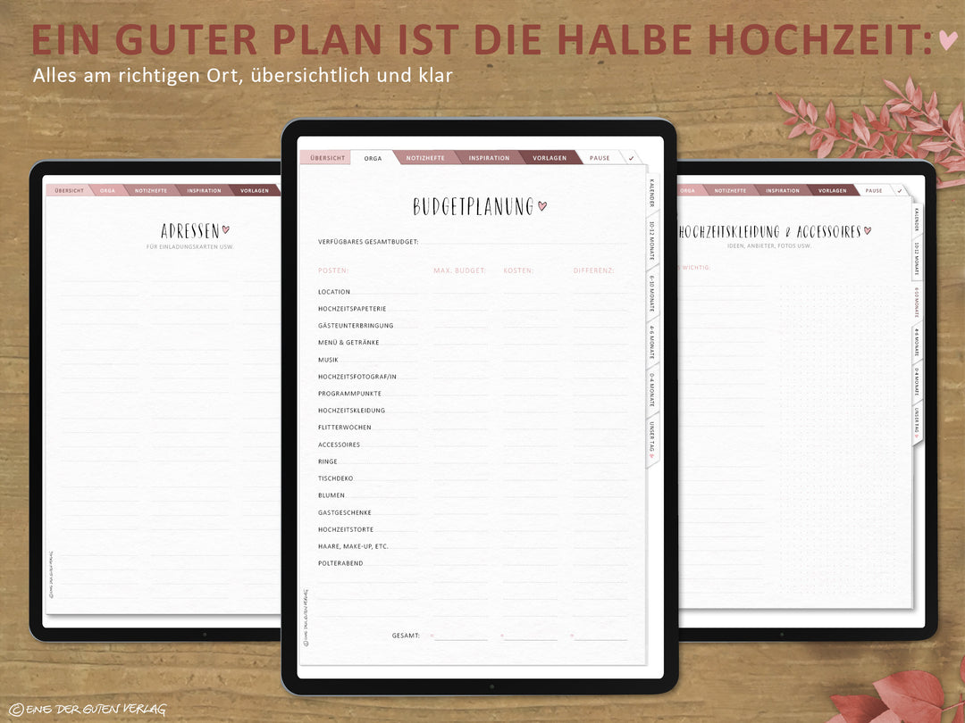 Hochzeitsplaner digital 2025 2026 | digitaler Wedding Planner im Hochformat | Zeitplan, Checklisten & Budgetplan | klar & strukturiert | weiß rosa