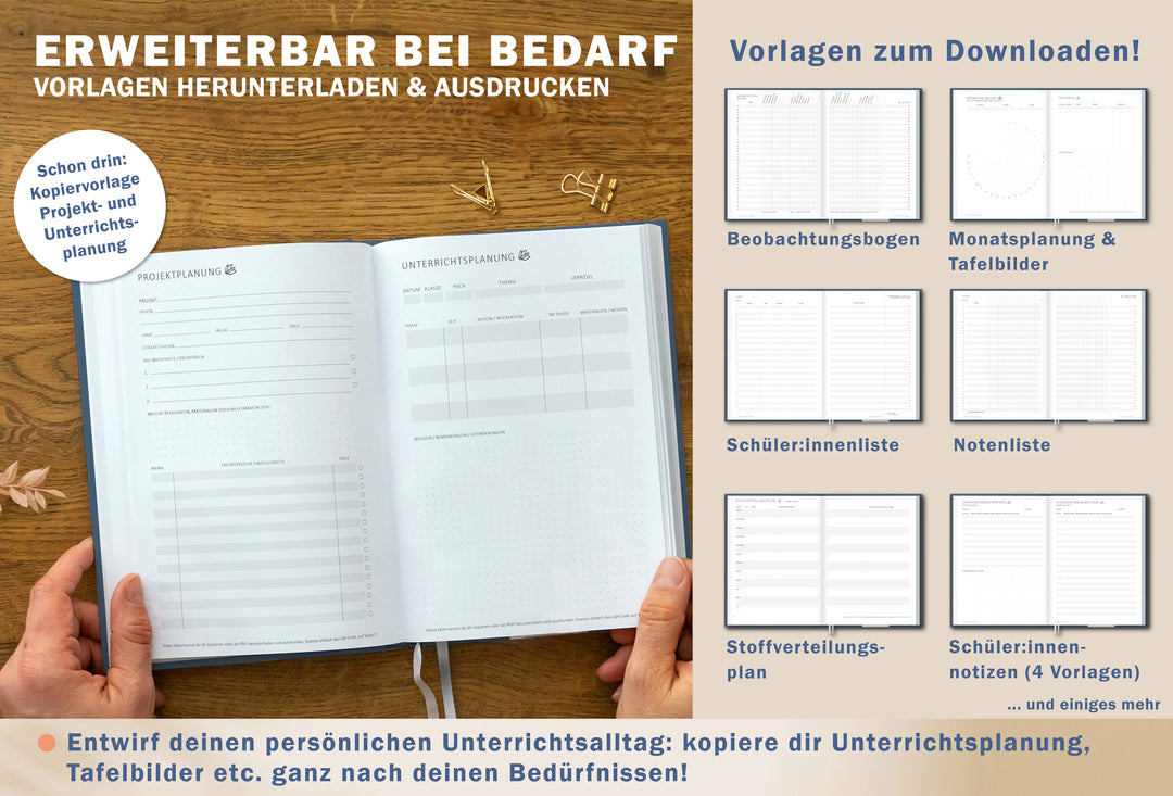 Projekt- und Unterrichtsplanung im A5 Grundschulplaner 2026/27 mit zusätzlichen Vorlagen zum Download