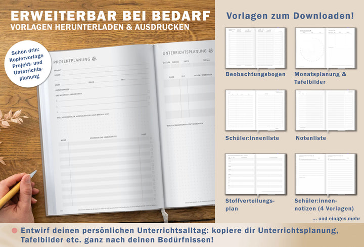 Projekt- und Unterrichtsplanung im A4 Grundschul-Lehrerkalender mit zusätzlichen Download-Vorlagen für Beobachtung und Noten