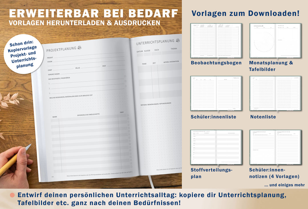 Projekt- und Unterrichtsplanung im A4 Grundschul-Lehrerkalender mit zusätzlichen Download-Vorlagen für Beobachtung und Noten