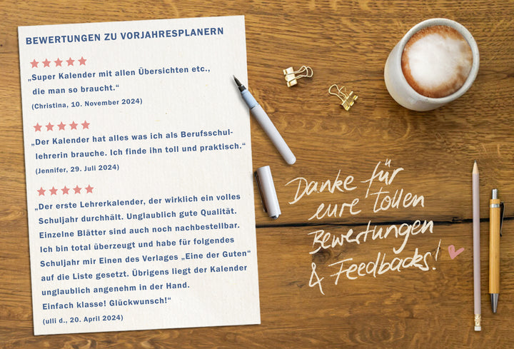 Bewertungen zu Vorjahres-Grundschulplanern mit Sterne-Feedback und Zitaten