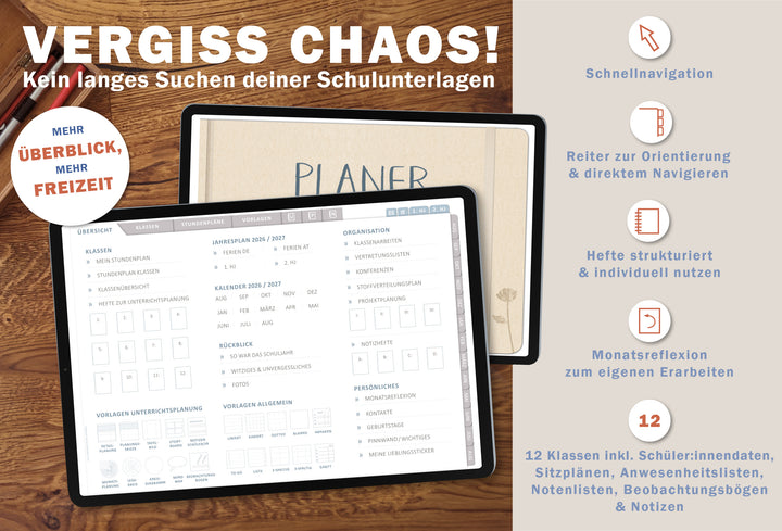 Lehrerkalender digital 2026 2027 Creme Bunt | digitaler Lehrerplaner für Unterrichtsvorbereitung & Planung | Schulplaner im Querformat, Schuljahr 26/27