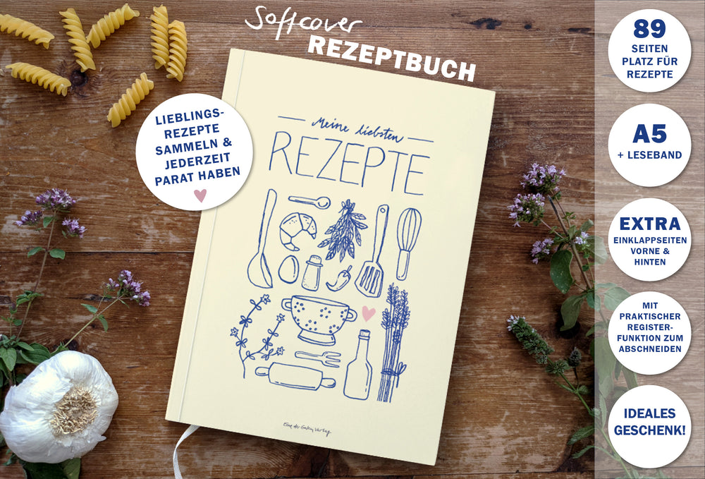 Rezeptbuch A5 zum Selberschreiben - Meine liebsten Rezepte | DIY Kochbuch, Backbuch, Geschenkidee | Gelb Blau Rosa Küchen Design, FSC Papier, Softcover
