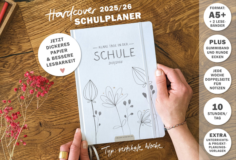 Lehrerkalender 2025 2026 - 365 gute Tage in der Schule | 17x24 cm Hardcover Lehrerplaner | für Unterrichtsvorbereitung & Schuljahr Planung | Weiß