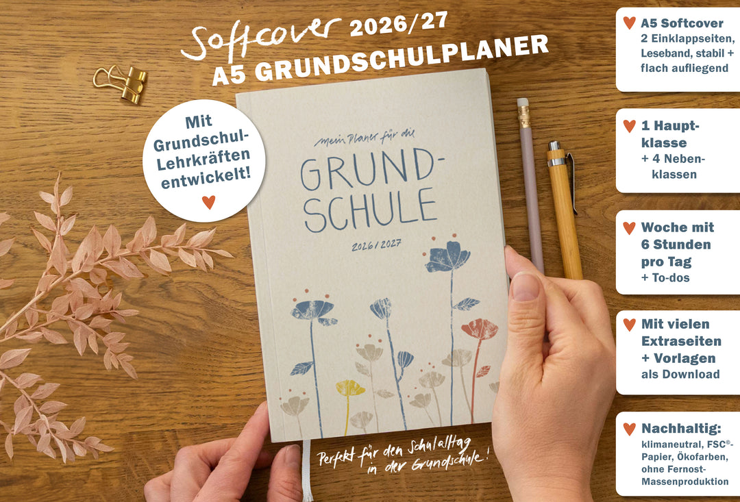 Grundschulplaner A5 2026/27 Softcover mit Leseband, 1 Hauptklasse + 4 Nebenklassen, nachhaltig klimaneutral produziert
