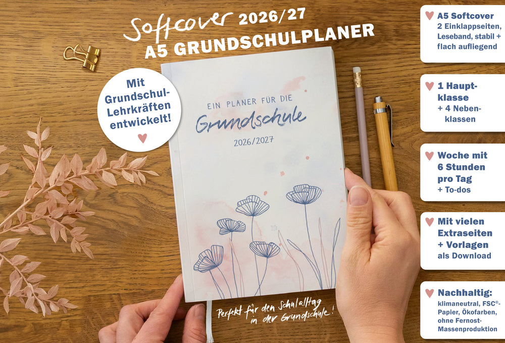 Nachhaltiger Lehrerkalender Grunschule 2026 2027 Grundschule A5 Softcover – Grundschulplaner mit Leseband in Rosa, klimaneutral gedruckt