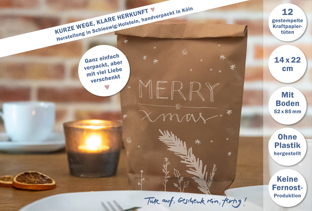 12er Set Weihnachtstueten Merry -mas mit  Tannenzweig Illustration