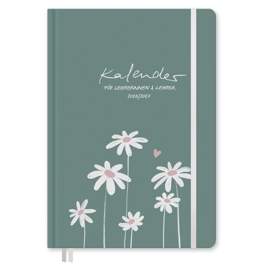 Lehrerkalender 2026/2027 A5+ grün mit Gummiband und zwei Lesebändern, 17x24 cm Format mit viel Platz für Notizen