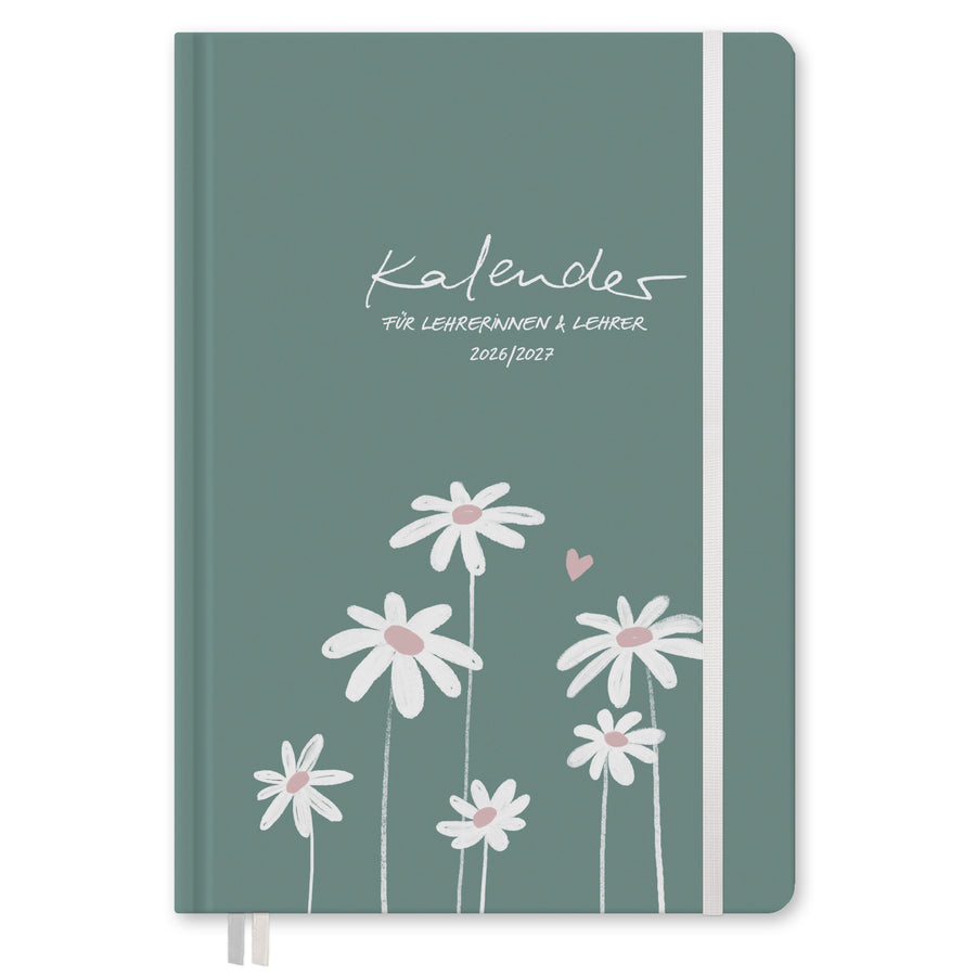 Lehrerkalender 2026/2027 A5+ grün mit Gummiband und zwei Lesebändern, 17x24 cm Format mit viel Platz für Notizen