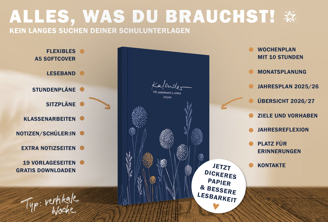 Lehrerkalender 2025 2026 | A5 Lehrerplaner | 2 Seiten pro Woche | kompaktes und flexibles Softcover, klimaneutral, blau weiß orange