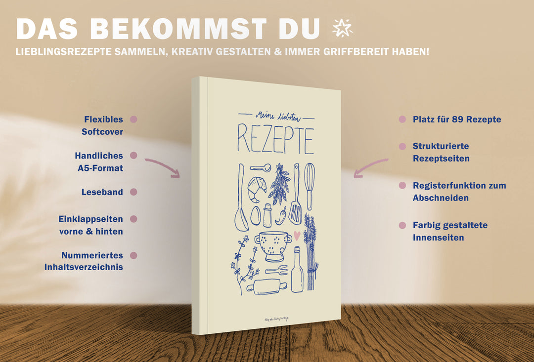 Rezeptbuch A5 zum Selberschreiben - Meine liebsten Rezepte | DIY Kochbuch, Backbuch, Geschenkidee | Gelb Blau Rosa Küchen Design, FSC Papier, Softcover