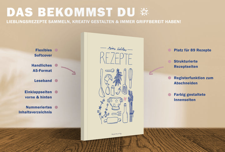 Rezeptbuch A5 zum Selberschreiben - Meine liebsten Rezepte | DIY Kochbuch, Backbuch, Geschenkidee | Gelb Blau Rosa Küchen Design, FSC Papier, Softcover