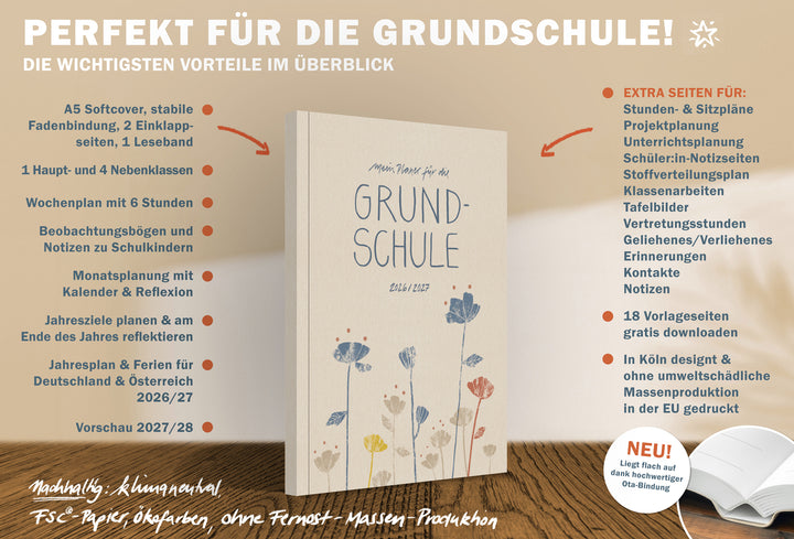A5 Grundschul-Lehrerkalender 2026/27 mit 6 Stunden pro Tag, Beobachtungsbögen, Monatsplanung, Download-Vorlagen