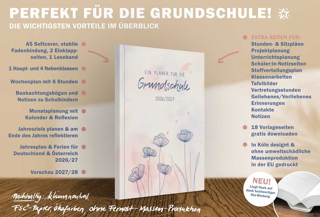 A5 Grundschul-Lehrerkalender 2026/27 mit 6 Stunden pro Tag, Beobachtungsbögen, Monatsplanung, Download-Vorlagen