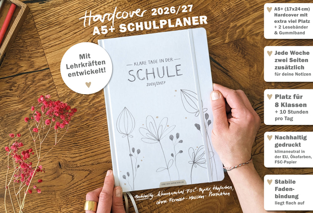 Lehrerkalender 2026 2027 A5+ Hardcover weiß mit Blumenmuster – nachhaltiger Schulplaner, 4 Seiten pro Woche, 17x24 cm