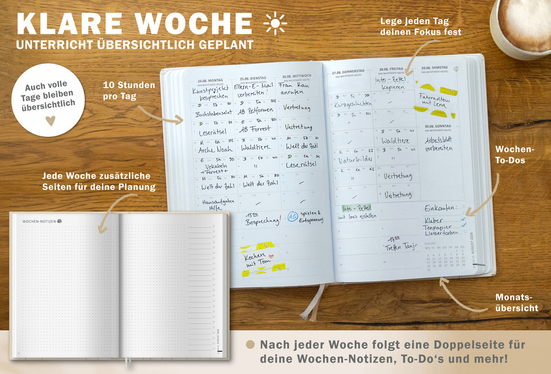 4 Seiten pro Woche Lehrerkalender A5+ Hardcover – Planungsseite und Notiz-Doppelseite im Überblick
