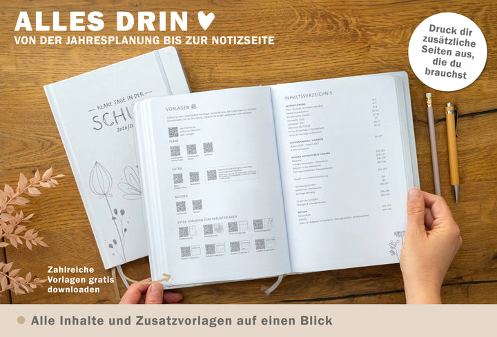 Lehrerkalender Fadenbindung – liegt dauerhaft flach, stabiles Hardcover weiß mit Blumen, 17x24 cm