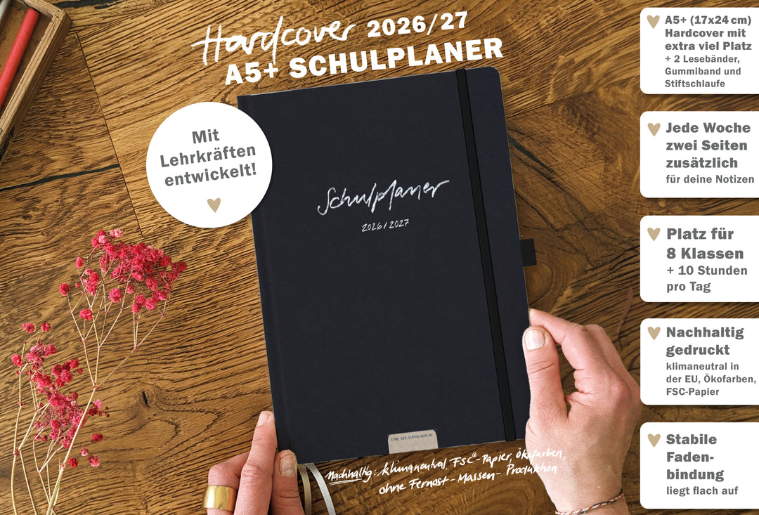 Wochenplan Lehrerkalender A5+ schwarz – 10 Stunden pro Tag mit Feldern für Fach, Klasse und Raum