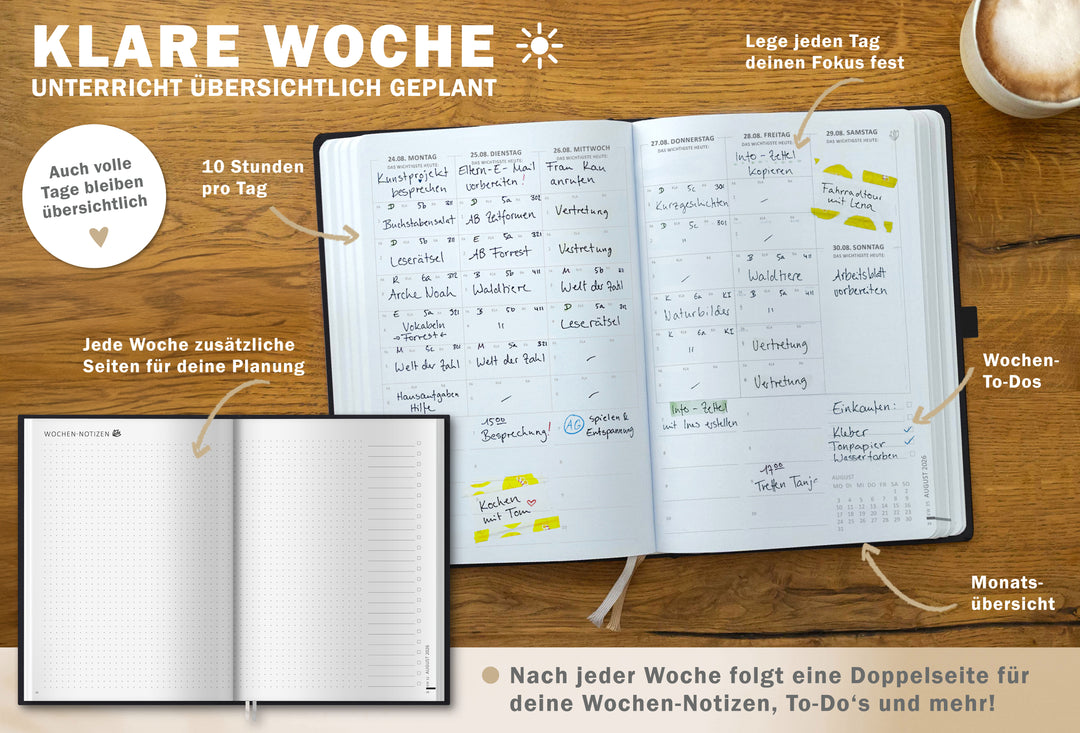 Notiz-Doppelseite Lehrerkalender 2026 2027 – freie Notizseite mit Linien, Punkten und To-do-Spalte