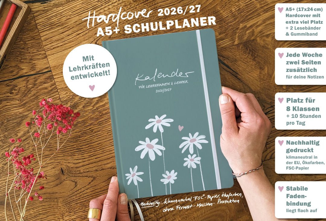Grüner Lehrerplaner 17x24 cm mit Wochenübersicht und zusätzlicher Doppelseite für Notizen