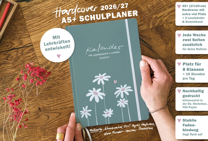 Grüner Lehrerplaner 17x24 cm mit Wochenübersicht und zusätzlicher Doppelseite für Notizen