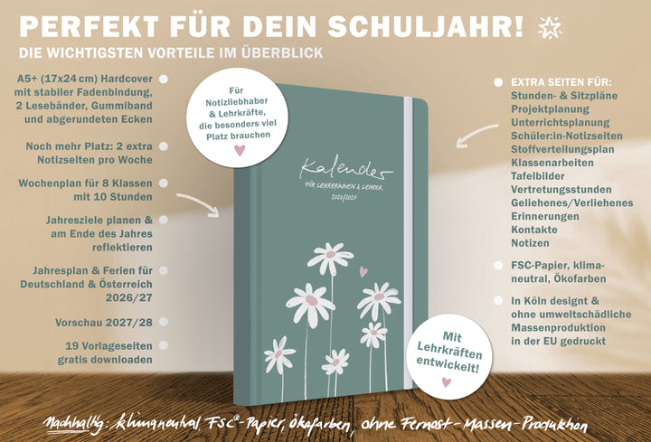 Lehrerkalender A5 Plus grün mit Gummiband, Hardcover und extra Notiz-Doppelseite pro Woche