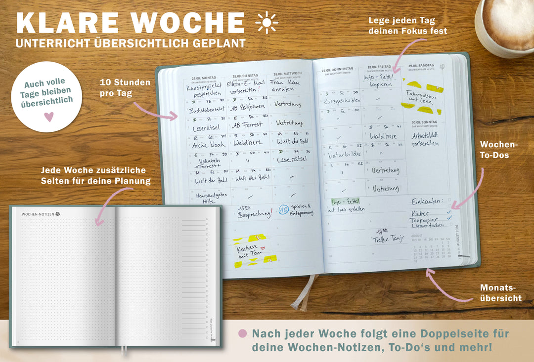 Lehrerkalender 17x24 cm grün mit Wochenübersicht und zusätzlicher Notizdoppelseite für ausführliche Planung