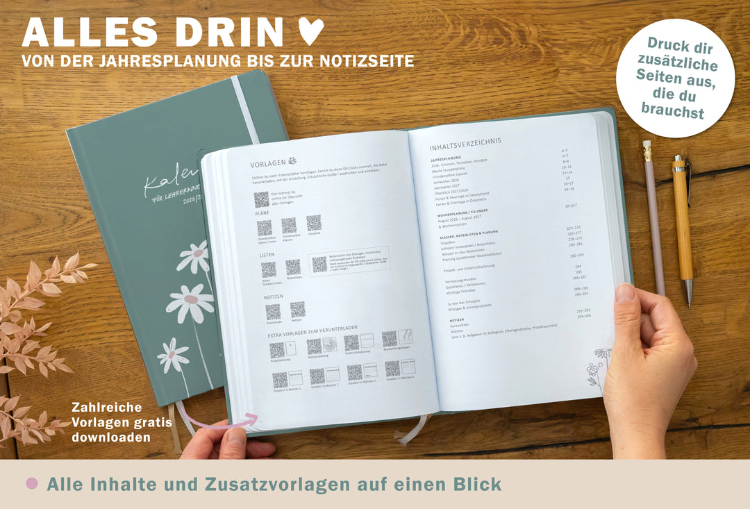 Nachhaltiger Lehrerkalender A5 Plus 2026/2027 in Grün mit Gummiband und extra viel Platz zum Schreiben