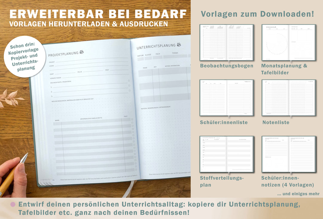 Lehrerkalender 2026 2027 im Format 17x24 cm, grün mit Gummiband und zwei Lesebändern