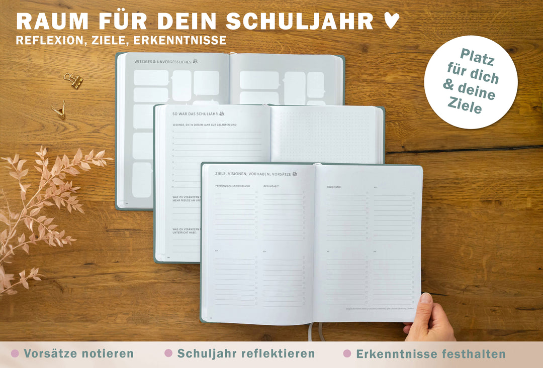 Lehrerkalender 2026 2027 im Format 17x24 cm, grün mit Platz für Reflexion und Ziele