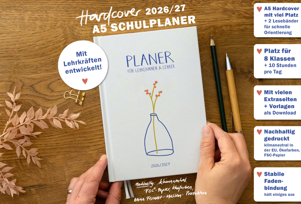 Lehrerkalender 2026 2027 | A5 Lehrerplaner | 2 Seiten pro Woche | kompaktes und robustes Hardcover, klimaneutral, weiß schwarz beige
