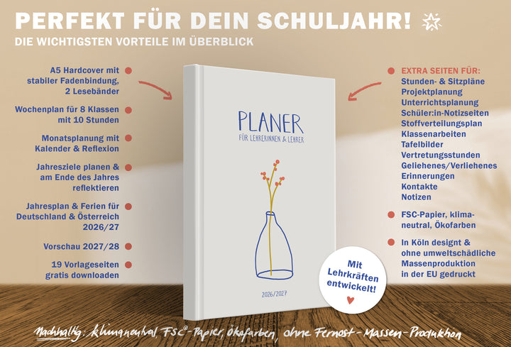 A5 Lehrerplaner 2026/27: stabile Fadenbindung, 2 Lesebänder, Wochenplan für 8 Klassen/10 Stunden, Monatsplanung & Reflexion, Jahresplan & Ferien (DE/AT), Vorschau 27/28, 19 Vorlagenseiten; FSC-Papier, klimaneutral, Ökofarben, EU-Druck