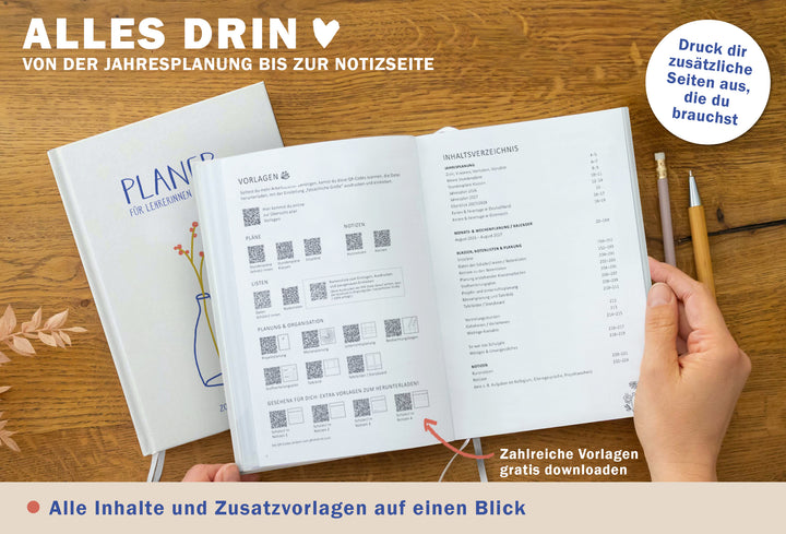 Übersicht „Vorlagen“ mit QR-Kacheln (Pläne, Listen, Planung & Organisation, Notizen) neben Inhaltsverzeichnis; Hinweis „Zahlreiche Vorlagen gratis downloaden“; klimaneutral gedruckt auf FSC-Papier