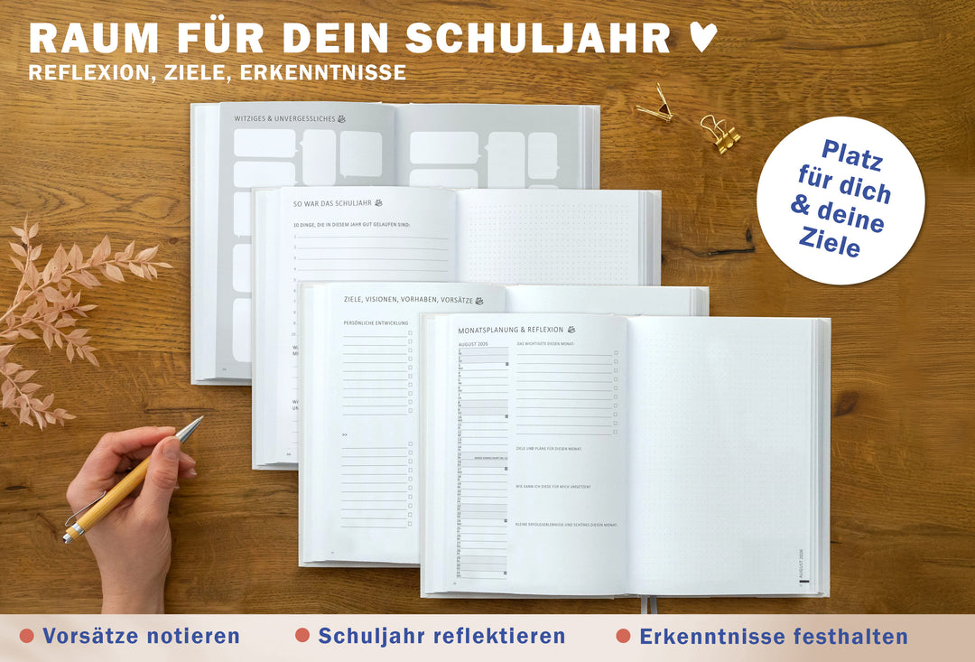 Mehrere Doppelseiten: „So war das Schuljahr“, „Ziele, Visionen, Vorhaben, Vorsätze“, „Monatsplanung & Reflexion“ und gepunktete Notizseite; „Platz für dich & deine Ziele“; klimaneutral produziert