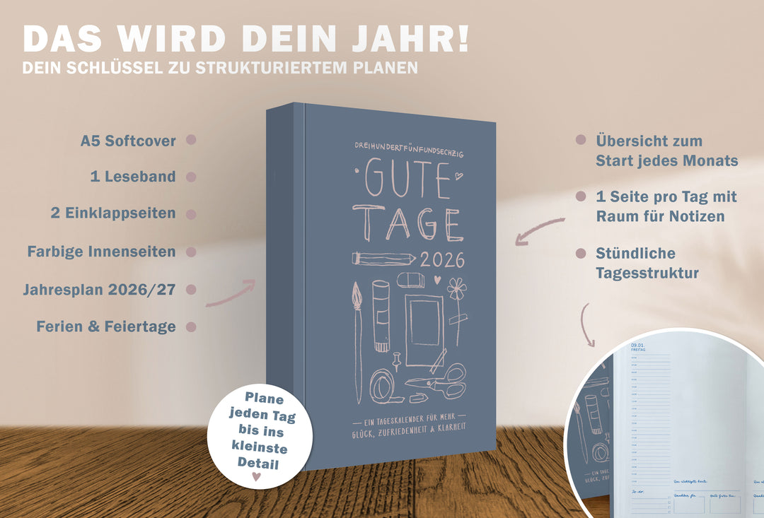 Detailansicht Monatsübersicht A5 Terminkalender 2026, blau rosa weiß