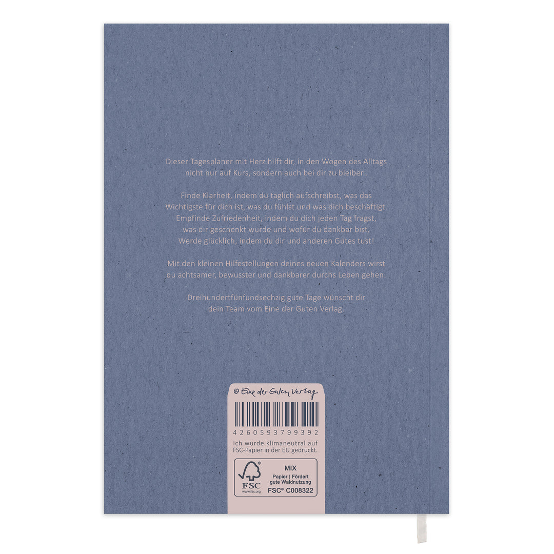 Rückseite vom Tagesplaner 2027 A5 Softcover mit Produkttext, FSC Siegel, Barcode und Leseband