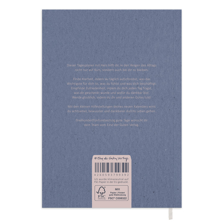 Rückseite vom Tagesplaner 2027 A5 Softcover mit Produkttext, FSC Siegel, Barcode und Leseband