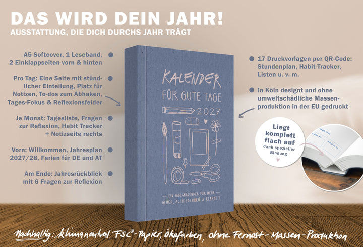 Softcover Tagesplaner 2027 A5 mit Leseband, Einklappseiten, Tagesplanung, Reflexionsfeldern und nachhaltiger Produktion