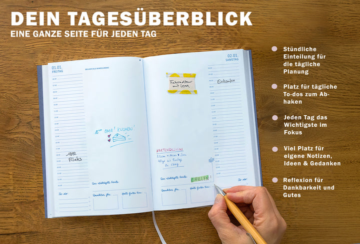 Tagesplaner 2027 mit einer Seite pro Tag, stündlicher Einteilung, To dos, Tagesfokus und Reflexionsfeldern