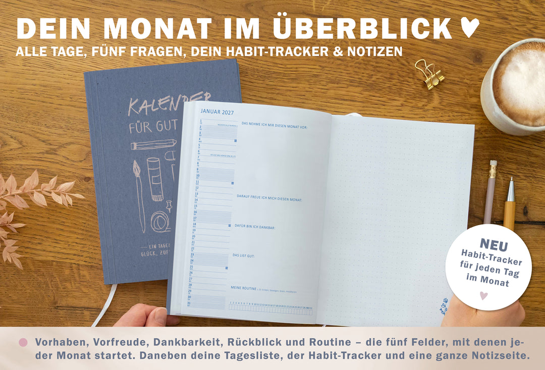 Monatsübersicht im Tagesplaner 2027 mit Tagesliste, fünf Reflexionsfragen, Habit Tracker und großer Notizseite