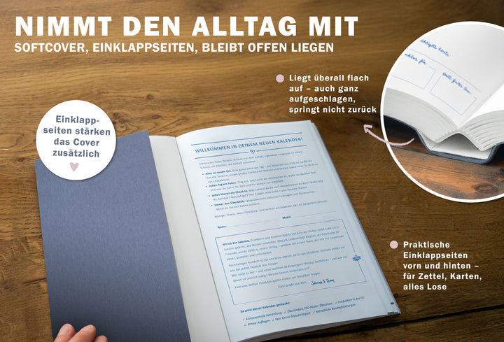 A5 Softcover Tagesplaner 2027 mit Einklappseiten, Leseband und flach aufliegender Bindung für den Alltag