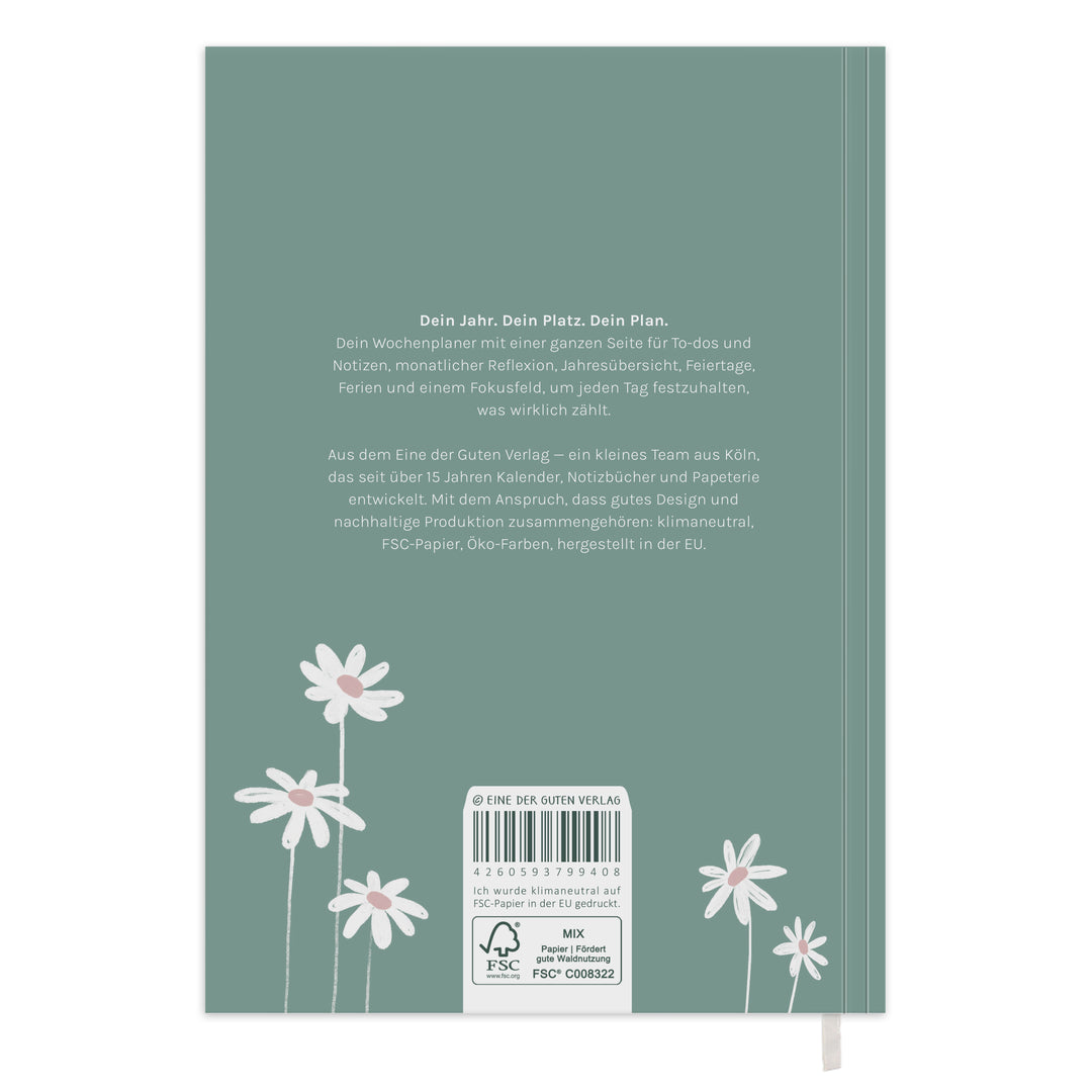 Rückseite vom Wochenplaner 2027 A5 Softcover in Mint mit FSC Siegel, Produkttext und Gänseblumen Illustrationen