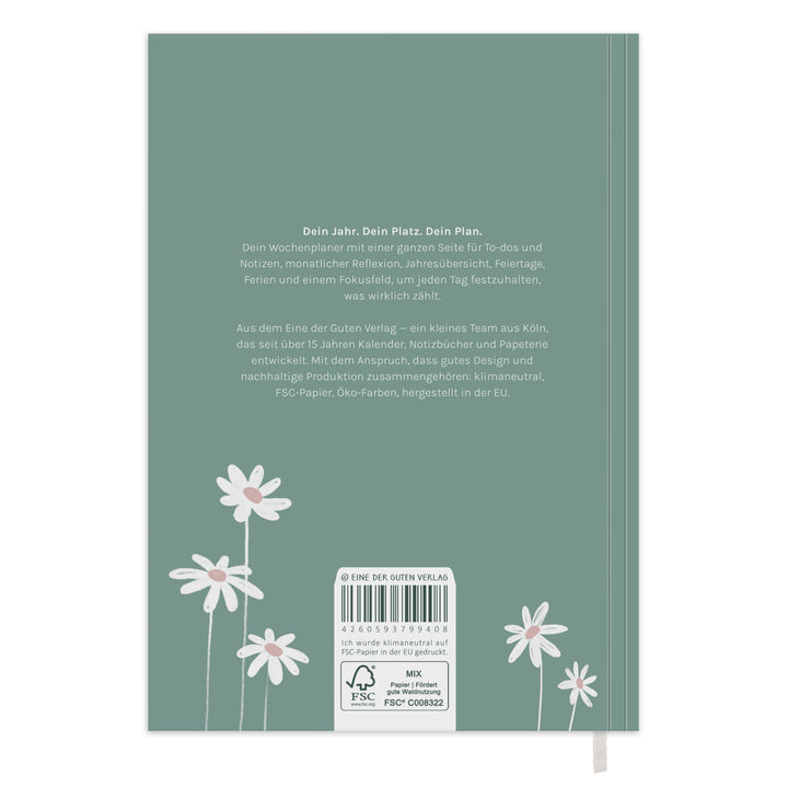 Rückseite vom Wochenplaner 2027 A5 Softcover in Mint mit FSC Siegel, Produkttext und Gänseblumen Illustrationen