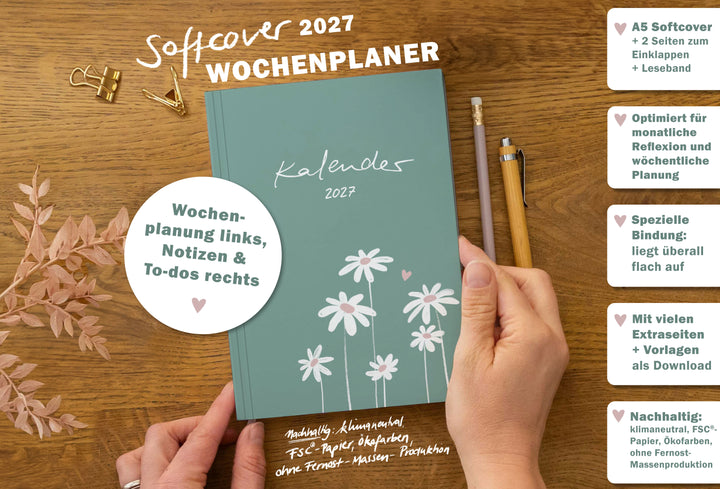 Softcover Wochenplaner 2027 A5 in Mint mit Leseband, Einklappseiten, Wochenplanung, Monatsreflexion und nachhaltiger Produktion