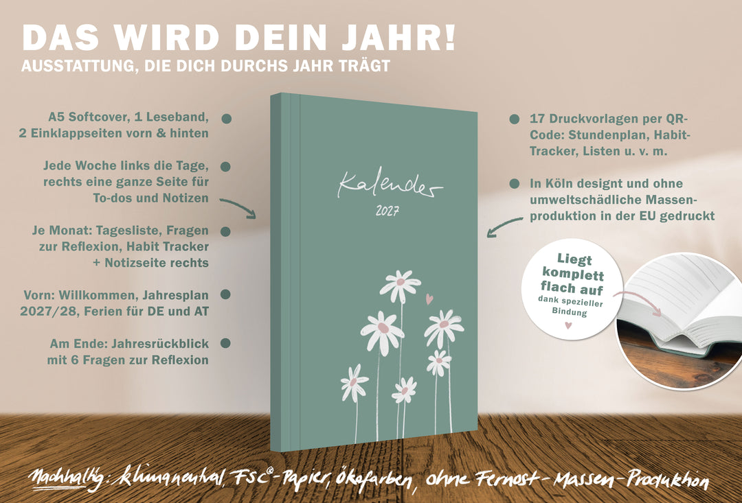 A5 Wochenplaner 2027 Softcover mit Jahresplan, Wochenübersicht, Monatsplanung, Habit Tracker, Reflexion und Druckvorlagen per QR Code