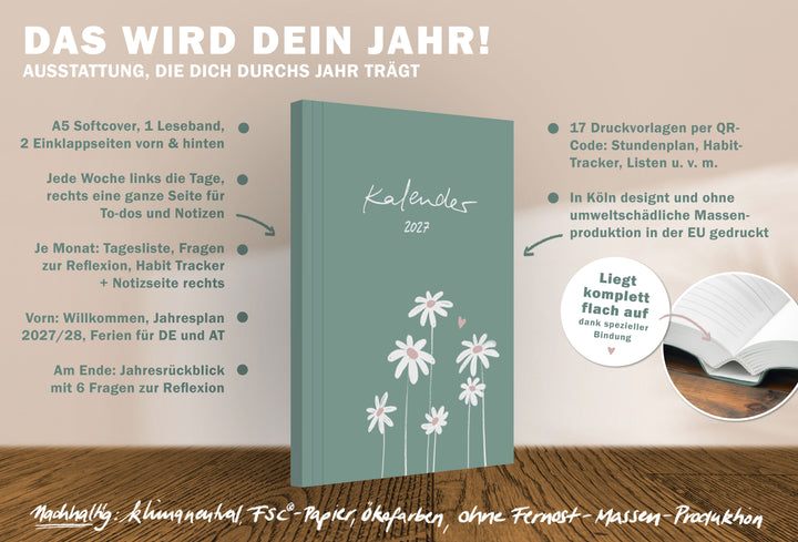 A5 Wochenplaner 2027 Softcover mit Jahresplan, Wochenübersicht, Monatsplanung, Habit Tracker, Reflexion und Druckvorlagen per QR Code