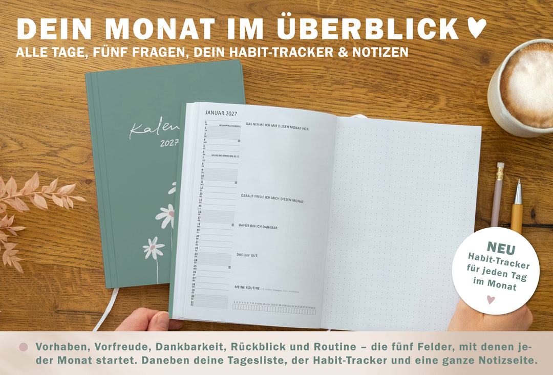 Monatsübersicht im Wochenplaner 2027 mit Tagesliste, fünf Reflexionsfragen, Habit Tracker und großer Notizseite